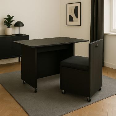 Imagem de Mesa 2 Em 1 Preto Cadeira Embutida Gavetas Home Office Estudo Rodinhas