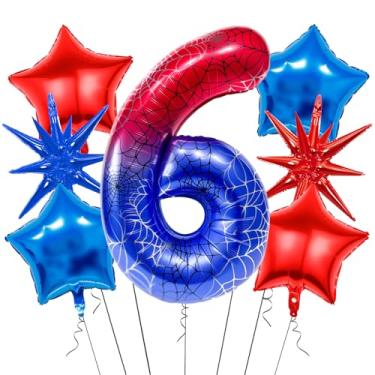 Imagem de 7Pcs 40 inch Spider Theme Number 6 Balloons, Large Red Blue 6 Balloon Number Set with Exploding Star and Star Foil Balloons for Birthdays and Spider Themed Parties
