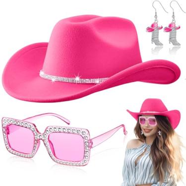 Imagem de Hercicy 3 peças de chapéu de caubói botas de vaqueira, brincos de strass, óculos de sol, feminino, tema country ocidental, festa, rodeio, suprimentos, Vermelho rosa, tamanho �nico