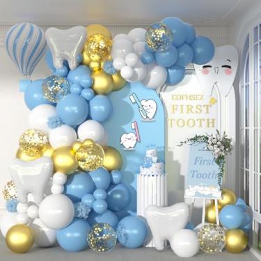 Imagem de Kit de balões de festa de dentes dentários 128 peças - Balões de látex de confete branco e azul pastel e dourado e balões brancos para dentes de primeira festa, aniversários, formatura, chá de bebê