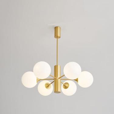 Imagem de Lustre moderno de 3/6/8 luzes, luminárias pendentes douradas de meados do século, luminárias pendentes de latão escovado com cúpula de vidro, lâmpadas suspensas G9 reguláveis, compatíveis co