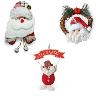 Imagem de Enfeites Natalinos, Guirlanda Papai Noel 15cm, Placa Feliz Natal, 3 Peças Decorativas, Vermelho e Branco (Boneco de Neve)