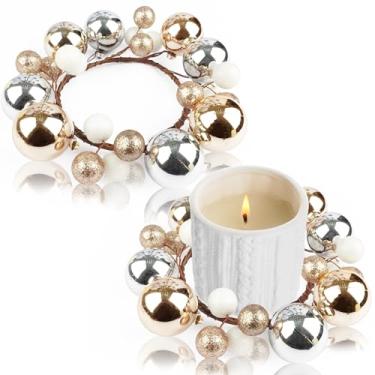 Imagem de 2 peças de anéis de vela de enfeite de bola de Natal, ouro, prata, glitter, guirlanda para velas de pilar, suporte de velas de 8,2 cm para decoração de mesa rústica de Natal, inverno, centro de mesa
