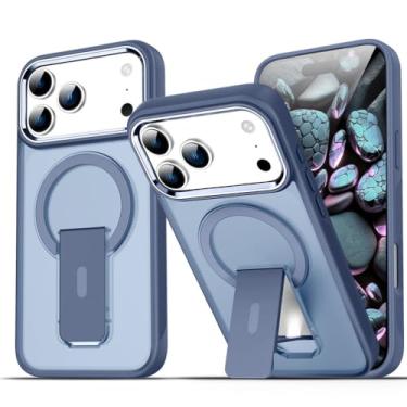 Imagem de LYJSMGZ Capa magnética para iPhone 17 Pro Max/17 Pro/Air/17, capa de PC ultrafina antiamarelamento fosca com capa de suporte oculta, azul, 17