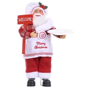 Imagem de Papai Noel Decorativo de Natal com Placa Welcome, Vermelho e Branco, Suéter de Tricô, Avental Merry Christmas 30 cm