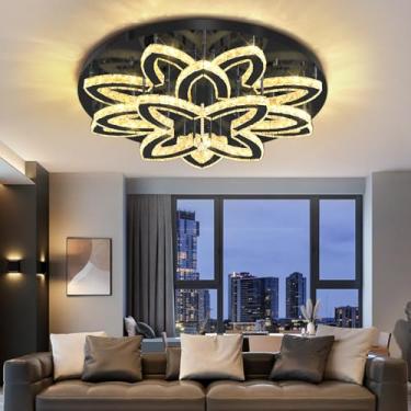 Imagem de Lustres modernos de 81 cm de diâmetro para sala de estar, lustre de teto de cristal, candelabros redondos para sala de jantar, quarto, sala de estar, entrada, luz de teto de cristal preta embutida com