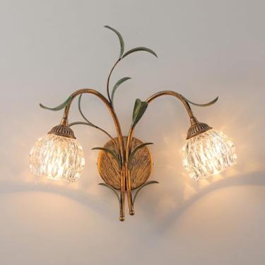 Imagem de Luminária de parede de arte francesa, arandela de parede com design vintage de galhos e folhas, abajur em cristal transparente/vidro fosco, decoração floral de meados do século, luminária de