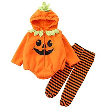 Imagem de Fantasia de Halloween para meninos e meninas Fantasia de abóbora, macacão com capuz listrado, calça legging para bebês roupas chiques (conjunto laranja - 6 a 12 meses)