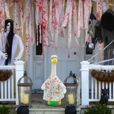 Imagem de Tuhangcc Conjunto de roupas de ganso de Halloween, fantasia de ganso fofa e divertida, camisa manchada de sangue e boné de beisebol manchado de sangue para decoração de gramado de ganso de 58 cm e