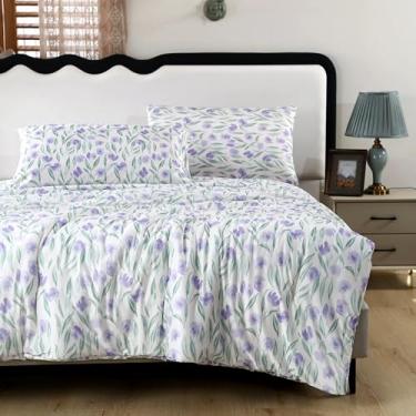 Imagem de SDIII Conjunto de edredom solteiro floral roxo para o verão, microfibra sedosa e refrescante, respirável, leve, para crianças e adolescentes