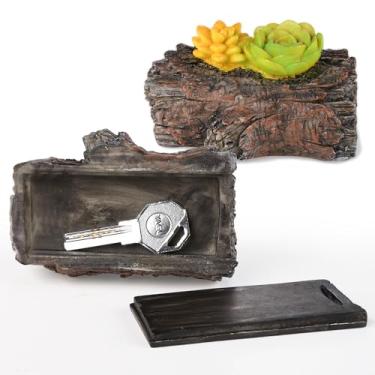 Imagem de BarGifts Seguro para esconder chave de pedra falsa para jardim ou quintal ao ar livre, toco de árvore falsa com plantas suculentas decorativas escondidas - aparência toco de árvore - esconda uma chave