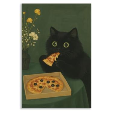 Imagem de Arte de parede em tela de gato preto, pôster de gato verde escuro comendo pizza, pintura a óleo de animal peculiar vintage, imagem de gatinho de humor negro para cozinha, sala de jantar, 30 x 40 cm