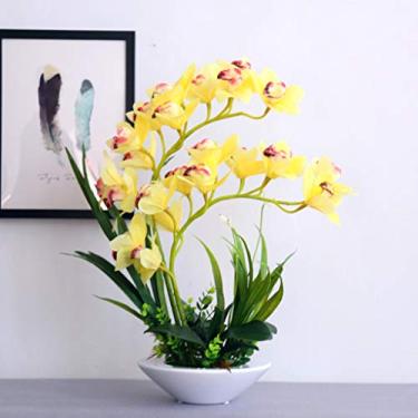 Imagem de DCYEQRQ Flor artificial em vaso de orquídea artificial, vaso de cerâmica, flores de seda, conjunto de flores artificiais para decoração de casa, arranjo de flores artificiais (B)