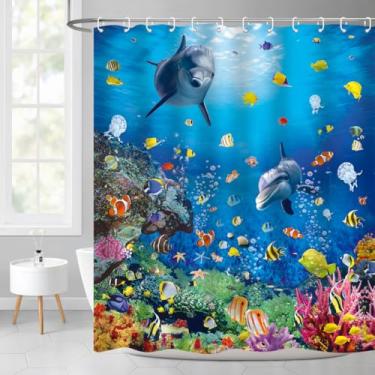 Imagem de ZXMBF Cortina de chuveiro oceano mundo subaquático golfinho peixes tropicais coloridos coral no fundo do mar recife banheiro decoração de banheira tecido impermeável 152 cm L x 182 cm C com gancho de