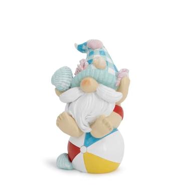 Imagem de Hodao Decorações de gnomo do oceano costeiro – Gnomo de praia de resina pintado à mão sentado na bola com chapéu de concha e detalhes de coral, presente de decoração de mar de verão para decoração