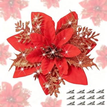 Imagem de LumBelle 24 peças de flores de poinsétia artificiais de Natal, 15 cm, flores de poinsétias com glitter com clipes para árvore de Natal, faça você mesmo, guirlanda de Natal, decoração de ano novo
