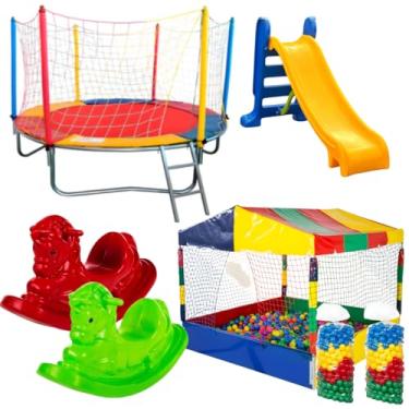 Imagem de Kit de Brinquedos com Pula Pula Piscina de Bolinhas Escorregador e Gangorra