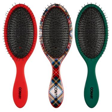 Imagem de Conair Conjunto de 3 escovas de cabelo desembaraçantes, para cabelos molhados, secos e todos os tipos de cabelo, escovas desembaraçadoras para mulheres em tartan, vermelho, verde
