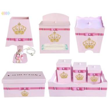 Imagem de Kit Higiene Bebê Menina Coroa Princesa com 8 Peças em Madeira Mdf Deco