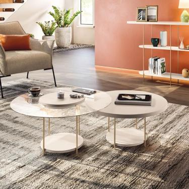 Imagem de Kit De Mesa De Centro Sky Com Pés Em Aço E Tampo Vidro E Mdf Off White Off White