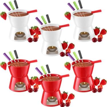 Imagem de Mudder Caneca de fondue panela de cerâmica e 8 peças de garfos para derreter chocolate, queijo, caldo ou tapas no dia dos namorados (vermelho e branco, 6 peças)