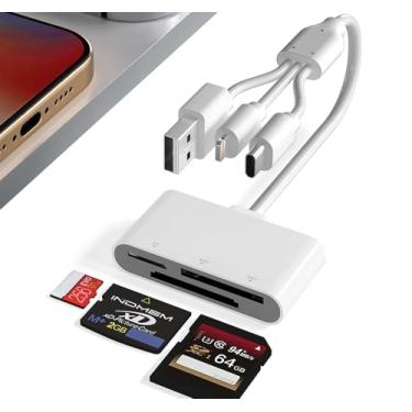 Imagem de Leitor de cartão XD – 3 em 1 SD/TF/XD Adaptador de câmera digital para iPhone 16/15/14/iPad/PC/Android/MAC, Lightning + USB A+USB C OTG adaptador Plug & Play Leitor de cartão SD MicroSD para iPhone