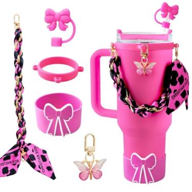 Imagem de 5 peças de acessórios de copo borboleta para Stanley, alça de alça de garrafa de água para Stanley 30/1,134 g, incluindo topos de palha, bota de copo de silicone, pingentes de chaveiro, decoração de