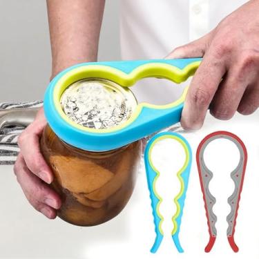 Imagem de Pacote com 2 abridor de latas multifuncional 4 em 1 com alça de silicone para idosos, mãos fracas (azul e vermelho)