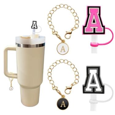 Imagem de (2+2) 2 peças de cobertura de canudo para copo Stanley 30 e 1,134 g 10 mm topo de palha com 2 peças acessórios de copo Stanley amuletos letra nome ID letra inicial alça personalizado para copo Stanley