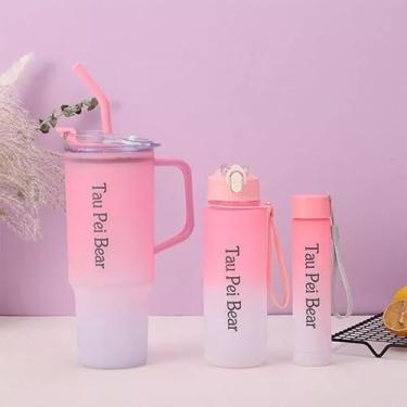 Imagem de Kit 3 Garrafa Copo Tendência Agua Squeeze Com Adesivos Lembretes beber Agua (Rosa)