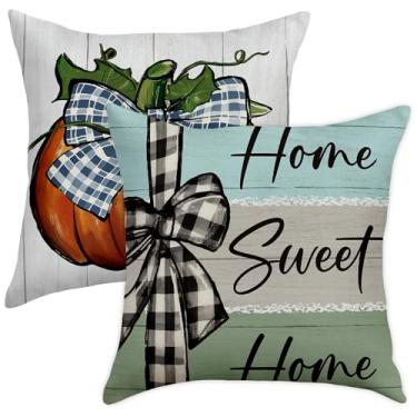 Imagem de Moonle Conjunto de 2 capas de almofada Home Sweet Home, 45,7 x 45,7 cm, estampa xadrez de abóbora, decoração de colheita de Ação de Graças, para decoração de sofá, quarto, sala de estar-A08
