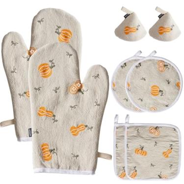 Imagem de Hausfrau Conjuntos de luvas de forno e suportes de panela de jacquard bordadas com capa de cabo de ferro fundido, 8 peças, luvas de cozinha florais vintage resistentes ao calor, luvas de forno para