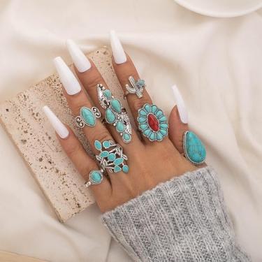 Imagem de Conjunto de anéis turquesa ocidentais para mulheres, conjunto de anéis vintage ocidentais, anéis boêmios, anéis empilháveis, coisas modernas, joias turquesa para mulheres