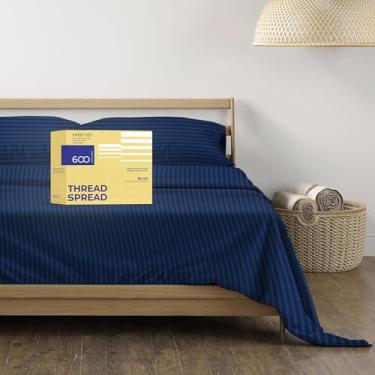 Imagem de THREAD SPREAD Conjunto de lençóis Queen listrados de algodão egípcio de luxo, 600 fios extra longos, conjunto de 4 peças, lençóis queen damasco, lençóis macios de cetim de até 45,7 cm de profundidade