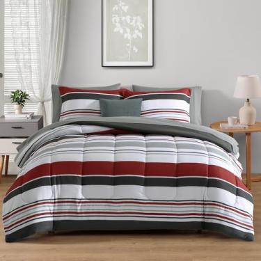 Imagem de Monbix Conjunto de edredom King Size – 7 peças, cama em uma bolsa, conjunto de cama king, listras vermelhas e pretas, conjunto de cama alternativo para todas as estações, com lençóis, fronhas e