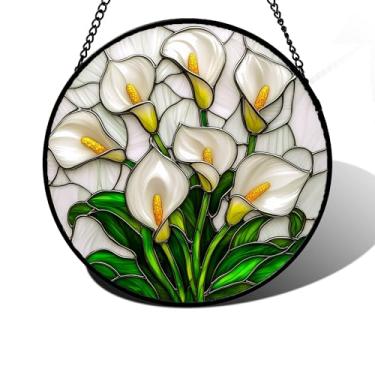 Imagem de DASTOLL Vitral pendurado na janela, lírio branco Calla Suncatcher painel de vidro diamante pendurar flores apanhadores de sol decoração para aniversário para mulheres, homens, esposa, tia e mãe, 16 cm