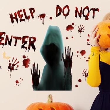Imagem de Adesivos grandes para janela de Halloween, 2 folhas de decalques de filme de monstro assassino assassino com manchas de sangue Horror Peel and Stick DIY Silhouette Decorações de festa para uso interno