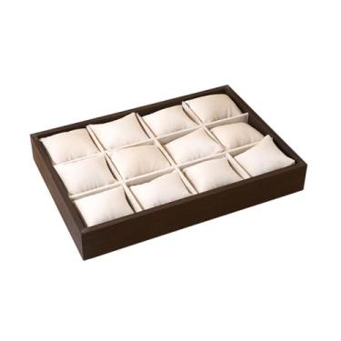 Imagem de FashionCha Gaveteiro de Veludo, Organizador de Relógios, 12 Compartimentos, Almofadas, Pulseiras, Relógios, Joias, Bandeja Organizadora para Cômodas, Bege Por Dentro