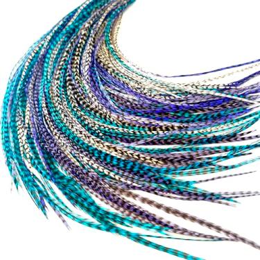 Imagem de 30 Penas de cabelo roxas, brancas e turquesas com cor pardo – penas para extensão de cabelo, kit de penas de galo – Design atraente – 10 miçangas de microelos – 100% penas de galo reais