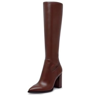 Imagem de ZJGZF Botas femininas de cano alto de couro para mulheres, salto grosso, bico fino, zíper lateral, bota Gogo, Marrom, 37