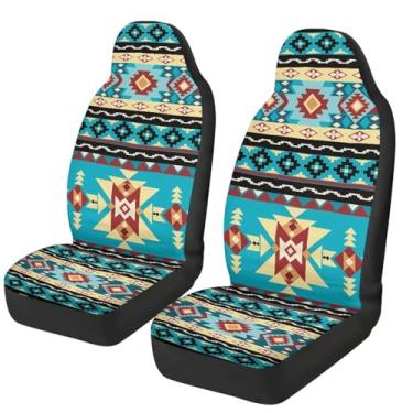 Imagem de SEANATIVE Capas de assento de carro modernas com encosto alto turquesa asteca para carros, caminhões, sedãs, veículos, capas de assento de carro dianteiras universais, 2 unidades, ajuste universal na