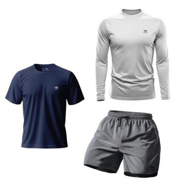 Imagem de Kit Camiseta Dry Manga Longa Uv, Manga Curta E Short Mauricinho P Ao Plus Treino Praia Verão Básico-Masculino