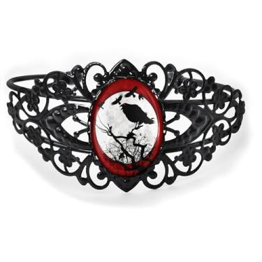 Imagem de Pulseira de filigrana de corvo vermelho e lua - Halloween de terror gótico, bronze antigo prata ou preto, joias de vidro feitas à mão estilo vitoriano vintage - 955-CB, Adjustable, Vidro, Sem Pedra
