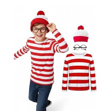 Imagem de MEDEJU Waldo Camisa listrada vermelha e branca adulto masculino feminino fantasia cosplay Halloween traje engraçado roupa de moletom roupa de óculos terno crianças (5-6 anos)