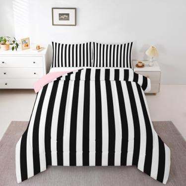 Imagem de Feelyou Conjunto de edredom geométrico para todas as estações, listras pretas e brancas, com 2 fronhas, arte listrada moderna, microfibra, roupa de cama queen para decoração de quarto, edredom macio e