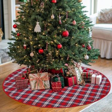Imagem de COTTON CRAFT Saia para árvore de Natal - 100% algodão 122 cm redonda xadrez xadrez xadrez - tapete xadrez tradicional - cobertura de base de árvore de presente rústica de casa de fazenda - vermelho