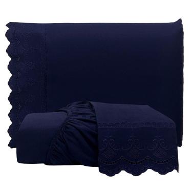 Imagem de Jogo De Lençol King Bordado Ingles Micropercal 300 Fios Toque De Algodão 3 Peças - Azul Marinho