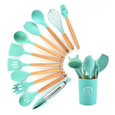 Imagem de Kit C/12 Jogo de Cozinha Peças de Silicone, Utensílios e Copo Suporte para Cozinha Cabo de Madeira Premium(VERDE 12PÇS)