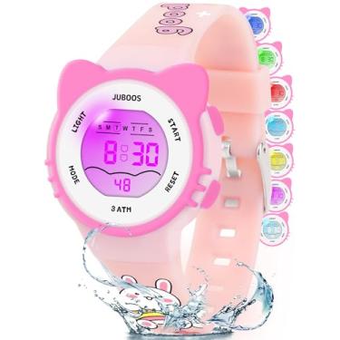 Imagem de Juboos Relógio digital infantil para meninos e meninas, à prova d'água, LCD, esportivo, infantil, com luzes LED de 7 cores, cronômetro, alarme, Carne, rosa, Gato