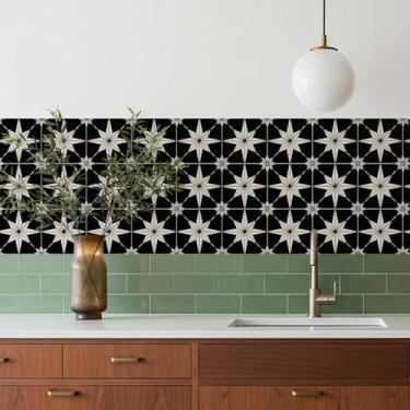 Imagem de MEIHEA Pacote com 16, adesivos de azulejo de bússola estrela de 15,9 x 15,9 cm, preto-branco, à prova d'água, removíveis, decalques para cozinha, banheiro, lavanderia, trailer e escadas (preto)